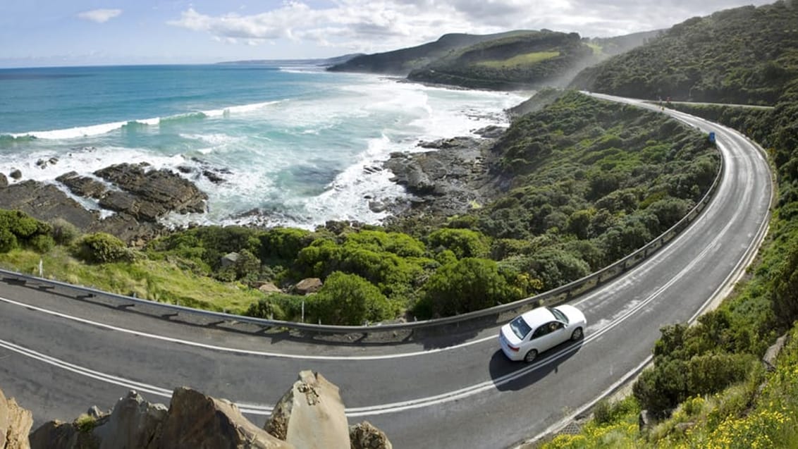 Turen langs Australiens måske smukkeste kyststrækning. Great Ocean Road snor sig over 300 km langs Australiens voldsomme sydvendte kyst med enorme bølger og spektakulære klippeformationer til den ene