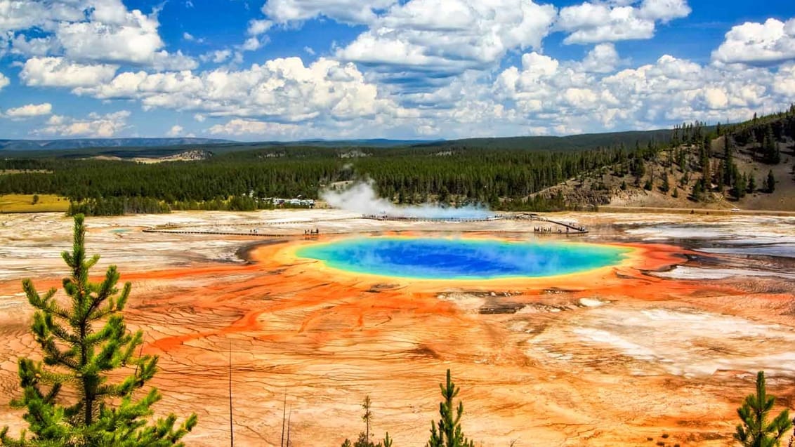 Det bedste udkidspunkt over Grand Prismatic Spring i Yellowstone er fra Fairy Falls Trail