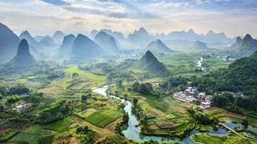 Udsigten fra en luftballon over Yangshuo