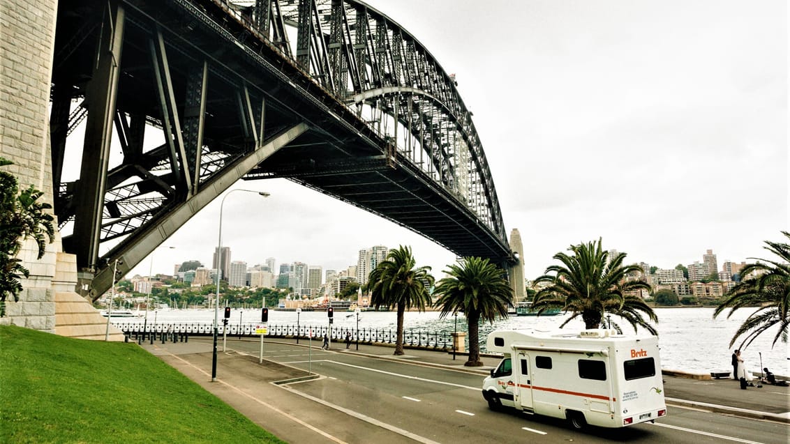 Britz camper under Harbour Bridge, Sydney