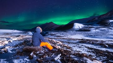 Nordlys og hundeslæde på Svalbard