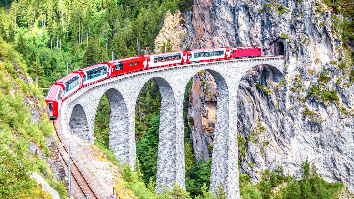 Rejsen til Italien foregår blandt andet med den historiske Bernina-expressen gennem Alperne
