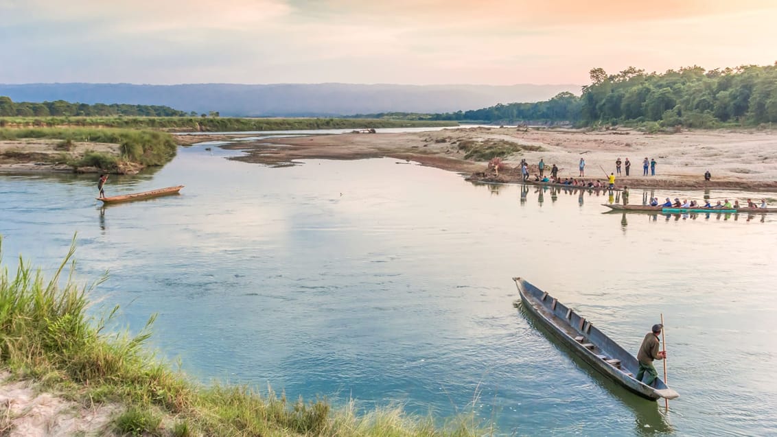 Kanoer på floden i Chitwan