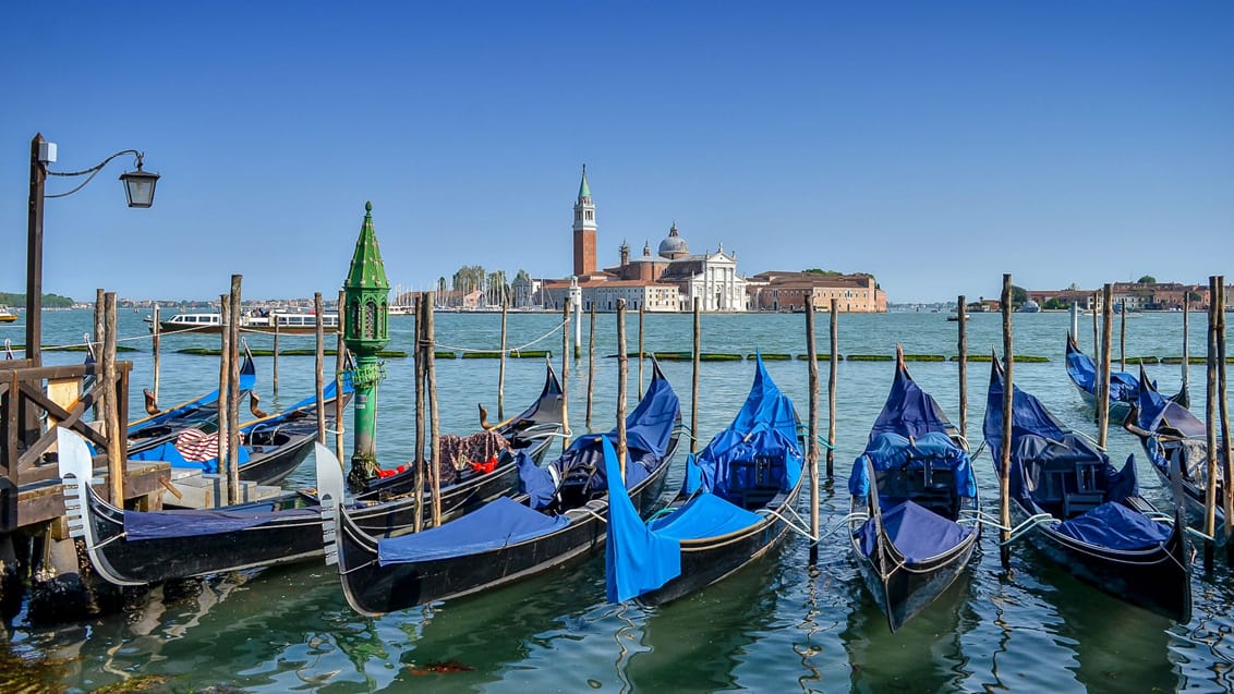 De ikoniske gondoler parkeret i Venedig